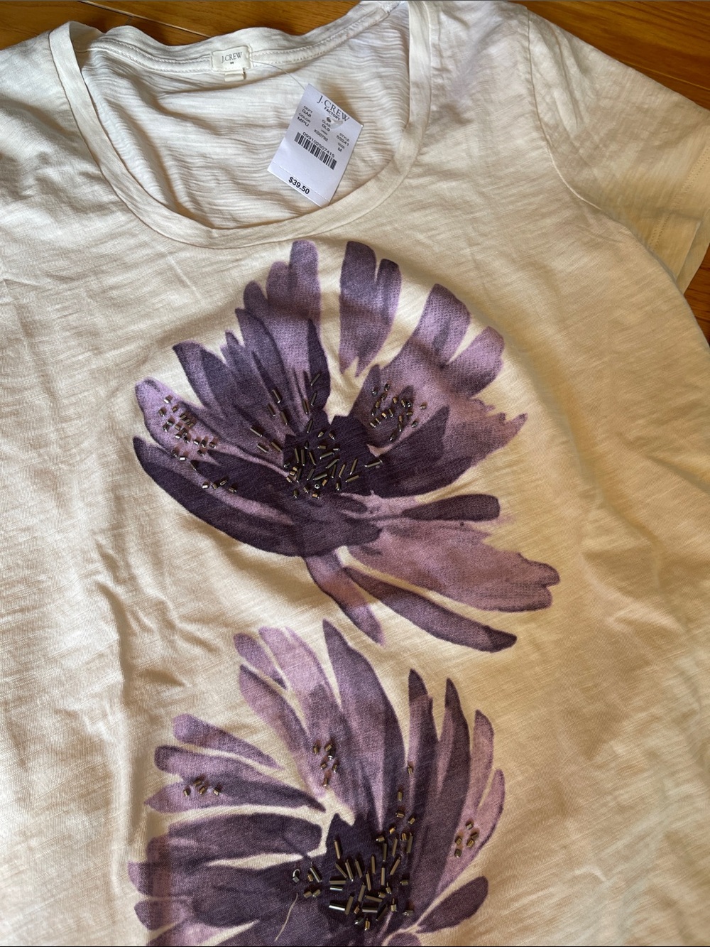 J. Crew Cream Short Sleeve Tee with Purple Floral Graphic - Picture 2 of 3